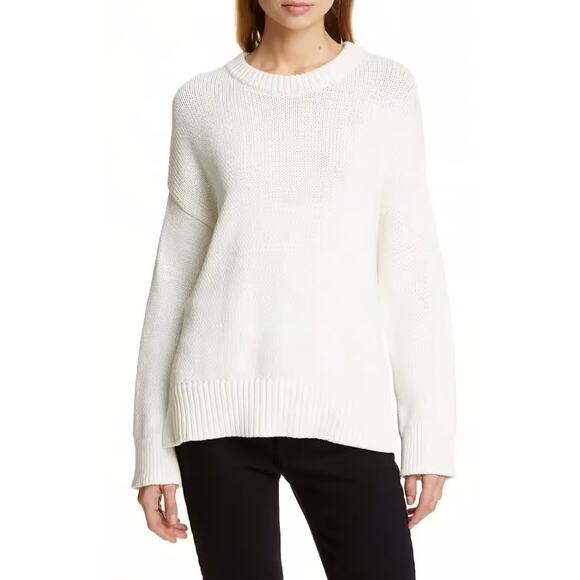Jenni Kayne Chunky Crewneck Cotton Sweater Ivory White Boyfriend Everyday L - Picture 1 of 16